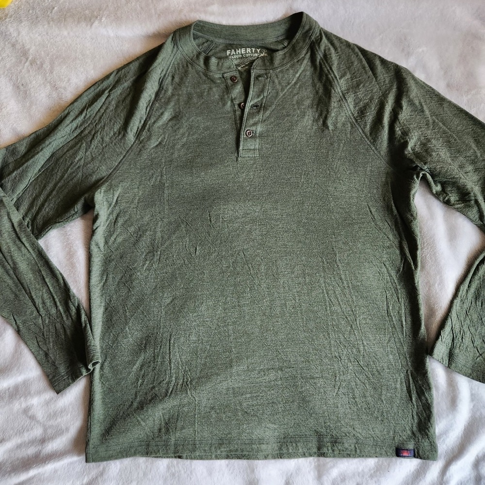 Faherty Shirt Mens Large Green Cloud Cotton Henley Long Sleeve Pima Modal
